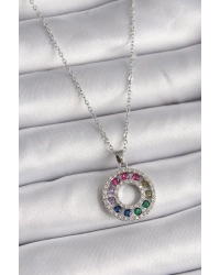 316L Çelik Gümüş Renk Zincir Renkli Zirkon Taşlı Madalyon Model Kadın Kolye