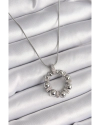 316L Çelik Gümüş Renk Zincir Zirkon Taş Detaylı Bombeli Halka Model Kadın Kolye