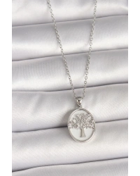 316L Çelik Gümüş Renk Zincir Zirkon Taş İşlemeli Beyaz Mineli Ağaç İşlemeli Portre Model Kadın Kolye