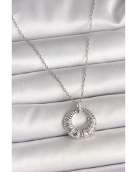 316L Çelik Gümüş Renk Zincir Zirkon Taş İşlemeli Daire Model Kadın Kolye