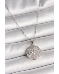 316L Çelik Gümüş Renk Zincir Zirkon Taşlı Ay Güneş İşlemeli Madalyon Model Kadın Kolye