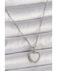 316L Çelik Gümüş Renk Zincir Zirkon Taşlı Beyaz Mineli Kalp Model Kadın Kolye