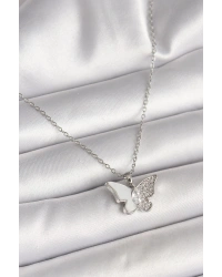 316L Çelik Gümüş Renk Zincir Zirkon Taşlı Beyaz Mineli Kelebek Model Kadın Kolye
