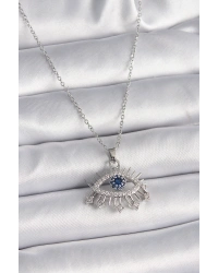 316L Çelik Gümüş Renk Zincir Zirkon Taşlı Göz Model Kadın Kolye