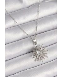 316L Çelik Gümüş Renk Zincir Zirkon Taşlı Güneş Model Sedefli Ay İşleme Detay Kadın Kolye