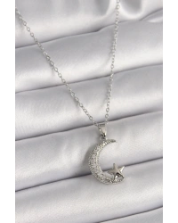 316L Çelik Gümüş Renk Zincir Zirkon Taşlı Hilal Model Yıldız Detay Kadın Kolye