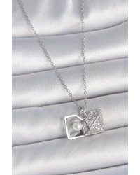 316L Çelik Gümüş Renk Zincir Zirkon Taşlı İncili Açılır Elmas Model Kadın Kolye