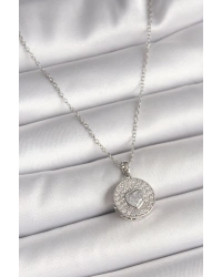 316L Çelik Gümüş Renk Zincir Zirkon Taşlı Kalp İşlemeli Madalyon Model Kadın Kolye