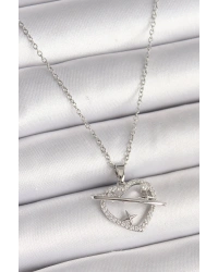 316L Çelik Gümüş Renk Zincir Zirkon Taşlı Kalp Model Yıldız Detay Kadın Kolye