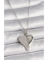 316L Çelik Gümüş Renk Zincir Zirkon Taşlı Kırık Kalp Model Kadın Kolye