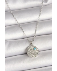 316L Çelik Gümüş Renk Zincir Zirkon Taşlı Mavi Taş Detaylı Madalyon Model Kadın Kolye