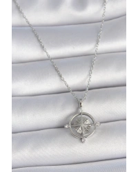 316L Çelik Gümüş Renk Zincir Zirkon Taşlı Pusula Model Kadın Kolye