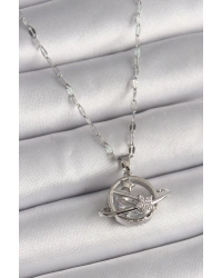 316L Çelik Gümüş Renk Zincir Zirkon Taşlı Yıldız Detay Gezegen Model Kadın Kolye