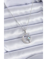 316L Çelik Gümüş Renk Zirkon Taşlı Ay Yıldız Model Kadın Kolye