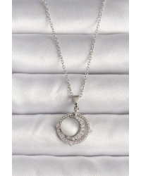 316L Çelik Gümüş Renk Zirkon Taşlı Beyaz Sedefli Hilal Model Kadın Kolye