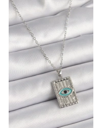 316L Çelik Gümüş Renk Zirkon Taşlı Göz İşleme Detaylı Plaka Model Kadın Kolye