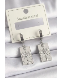 316L Çelik Gümüş Renk Zirkon Taşlı Göz İşleme Detaylı Plaka Model Kadın Küpe