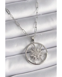 316L Çelik Gümüş Renk Zirkon Taşlı Güneş Madalyon Model Kadın Kolye