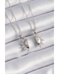 316L Çelik Gümüş Renk Zirkon Taşlı Güneş Model İşleme Yazı Detay Arkadaşlık Kolyesi