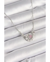 316L Çelik Gümüş Renk Zirkon Taşlı Hilal Pembe Kalp Model Kadın Kolye