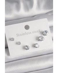 316L Çelik Gümüş Renk Zirkon Taşlı Kalp Model Kadın Küpe Seti