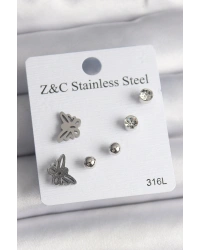 316L Çelik Gümüş Renk Zirkon Taşlı Kelebek Model Kadın Küpe Seti