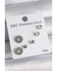 316L Çelik Gümüş Renk Zirkon Taşlı Labirent Model Kadın Küpe Seti