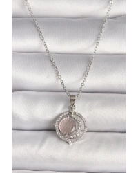 316L Çelik Gümüş Renk Zirkon Taşlı Pembe Sedefli Hilal Model Kadın Kolye