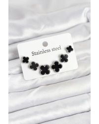 316L Çelik Gümüş Siyah Renk 3 Boy Yonca Küpe Seti