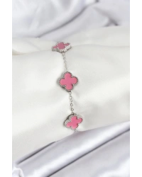 316L Çelik Gümüş Zincir Pembe Renk Yonca Bileklik