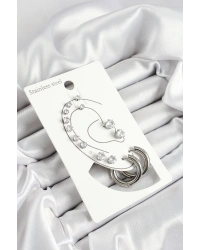 316L Çelik Halka Figürlü Ve Zirkon Taşlı Gümüş Renk 7li Çift Kadın Küpe Set