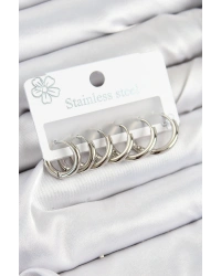 316L Çelik Halka Model Gümüş Renk 3lü Set Kadın Küpe