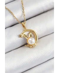 316L Çelik İnci Detaylı Hilal Tavşan Model Gold Renk Kadın Kolye