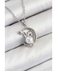 316L Çelik İnci Detaylı Hilal Tavşan Model Gümüş Renk Kadın Kolye