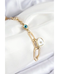 316L Çelik Nazar Boncuğu Ve Zirkon Taşlı Kalp Model Gold Renk Kadın Bileklik