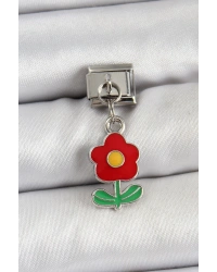 316L Çelik Sallantılı Kırmızı Papatya Model Gümüş Renk Nomination Charm