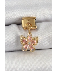 316L Çelik Sallantılı Zirkon Taşlı Çiçek Figürlü Kelebek Model Gold Renk Nomination Charm