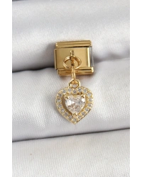 316L Çelik Sallantılı Zirkon Taşlı Kalp Model Gold Renk Nomination Charm