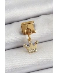 316L Çelik Sallantılı Zirkon Taşlı Kraliçe Tacı Model Gold Renk Nomination Charm