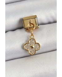 316L Çelik Sallantılı Zirkon Taşlı Yonca Model Gold Renk Nomination Charm