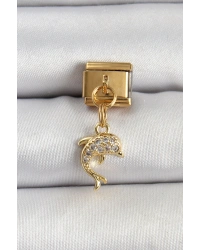 316L Çelik Sallantılı Zirkon Taşlı Yunus Balığı Model Gold Renk Nomination Charm