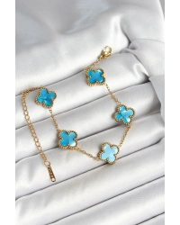 316L Çelik Sedefli Gökyüzü Mavisi Gold Renk Yonca Kadın Bileklik