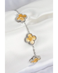 316L Çelik Sedefli Kehribar Sarı Gümüş Renk Yonca Kadın Bileklik