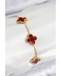 316L Çelik Sedefli Kırmızı Gold Renk Yonca Kadın Bileklik