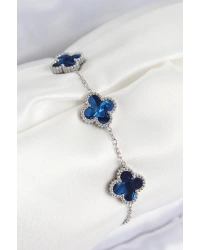 316L Çelik Sedefli Lacivert Gümüş Renk Yonca Kadın Bileklik