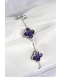 316L Çelik Sedefli Mor Gümüş Renk Yonca Kadın Bileklik