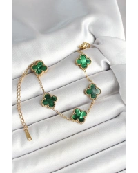 316L Çelik Sedefli Zümrüt Yeşil Gold Renk Yonca Kadın Bileklik