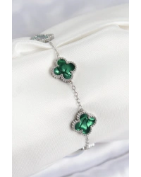 316L Çelik Sedefli Zümrüt Yeşil Gümüş Renk Yonca Kadın Bileklik