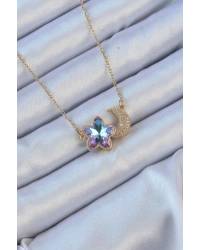 316L Çelik Zincir Altın Renk Ay Tasarımlı Renkli Zirkon Taşlı Çiçek Kolye