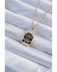 316L Çelik Zincir Altın Renk İşlemeli Siyah Mineli Tarot Kolye